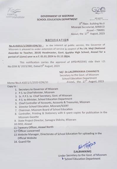 Extension of Service to National Awardee Teacher by Govt of Mizoram